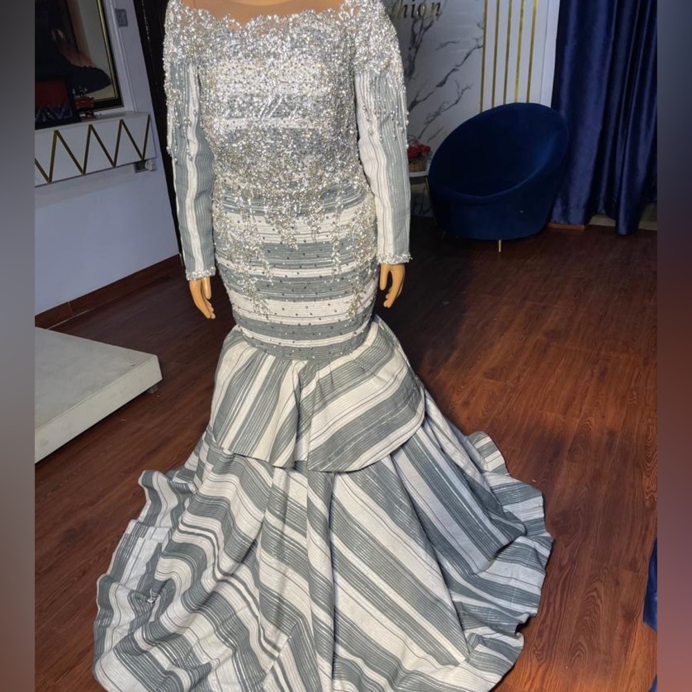 Gray and White Ruffled Tiered Gown with Bishop Sleeves
